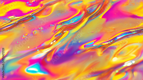 close-up of a colorful oil slick on water, psychedelic colors, macro shot, yellow colors.