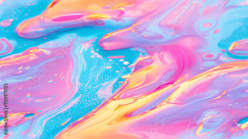 close-up of a colorful oil slick on water, psychedelic colors, macro shot, pink and blue colors.