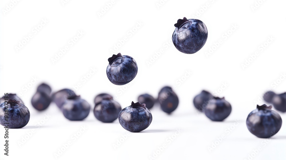 Fresh blueberries falling and scattered on a white background. Fresh blueberries falling and scattered on a white background.
