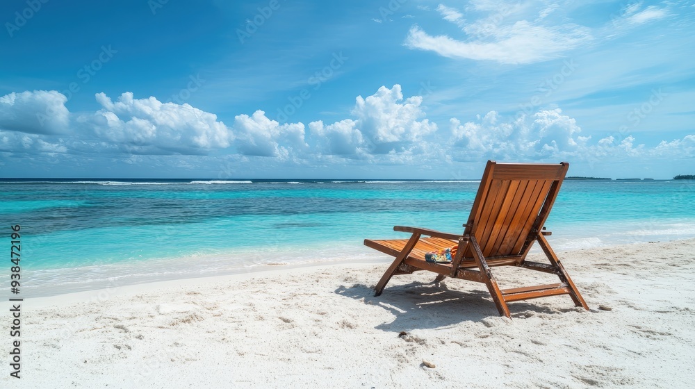 Bikini draped over a sun lounger on a sandy beach, with the ocean and clear sky in the background, perfect for promoting summer vacations Bikini draped over a sun lounger on a sandy beach, with the ocean and clear sky in the background, perfect for promoting summer vacations