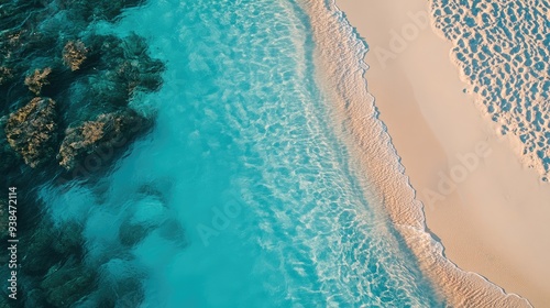 Aerial shot of a remote beach with untouched sand and clear blue water, offering a tranquil, unspoiled coastal scene photo