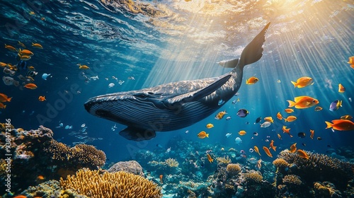 underwater photo of a whale close up as it swims through the vibrant ocean