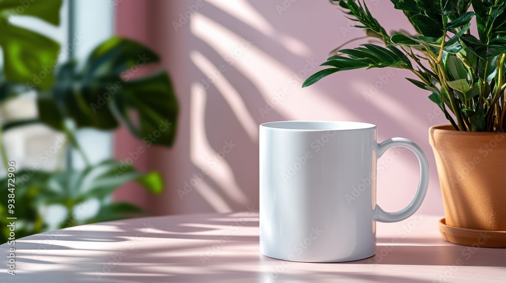 A sleek white mug sits elegantly on a pink table with sunlight casting intricate shadows from the lush green plants, creating a tranquil and stylish scene perfect for modern interiors. A sleek white mug sits elegantly on a pink table with sunlight casting intricate shadows from the lush green plants, creating a tranquil and stylish scene perfect for modern interiors.