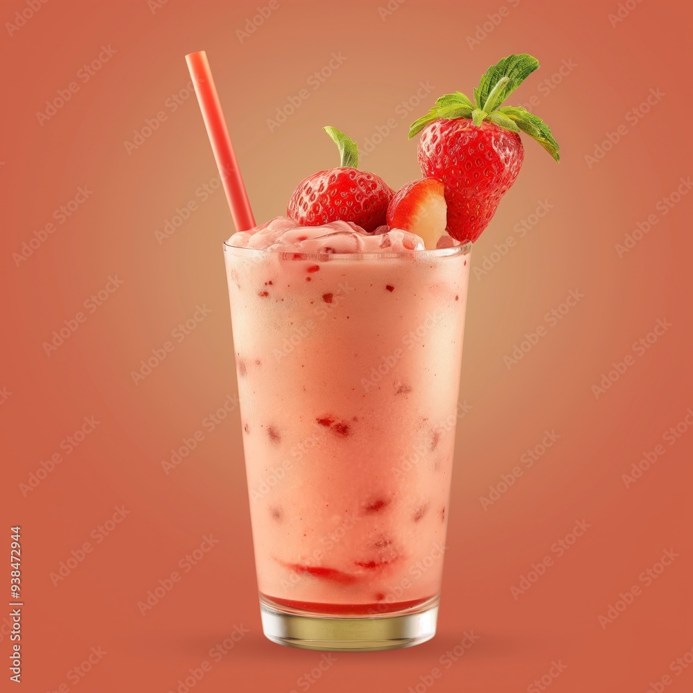 A glass of strawberry smoothie with fresh strawberries on top and a red straw. A glass of strawberry smoothie with fresh strawberries on top and a red straw.