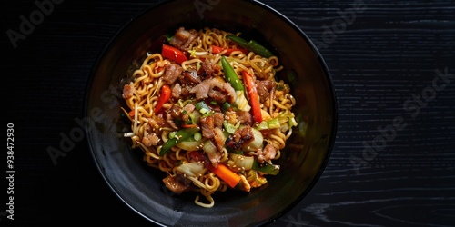 Stir-fried thick noodles with pork belly, cabbage, carrots, and green peppers.