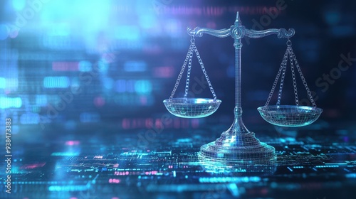 Virtual courtroom concept with electronic legal symbol