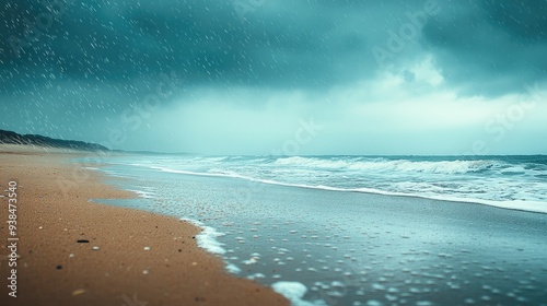 A beach scene with a rain overlay, giving a moody and atmospheric effect to the sandy shore and waves with ample space for copy. photo