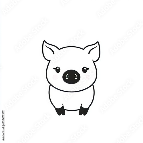 A cute pig is sitting on the ground. It has a black and white color scheme. It smiles at the camera.