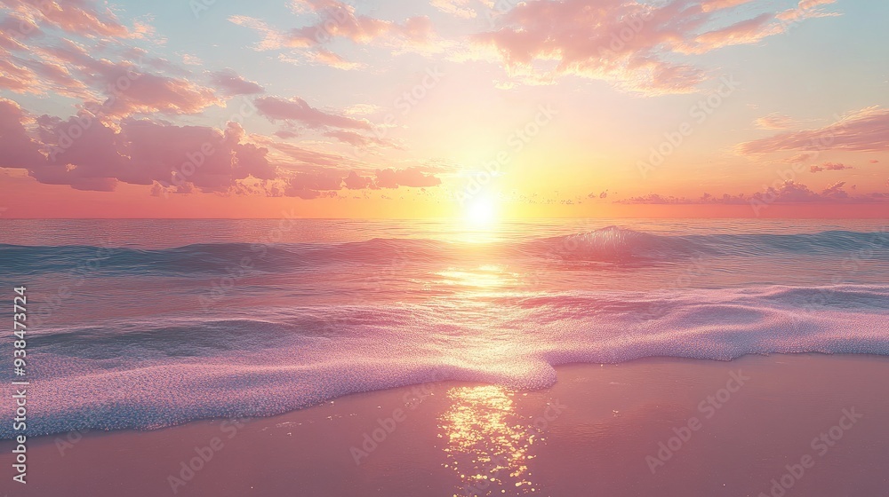 Obraz premium A beach sunset background with a calm ocean and glowing horizon, perfect for vacation promotions. Ample copy space available.