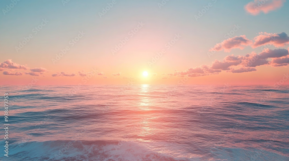 Obraz premium A beach sunset background with a calm ocean and glowing horizon, perfect for vacation promotions. Ample copy space available.