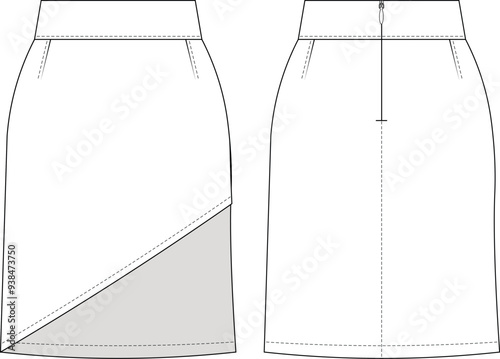 tailored zippered asymmetric hem long maxi midi a line pencil straight high rise high waist mid rise mid waist skirt template technical drawing flat sketch cad mockup fashion woman design style model