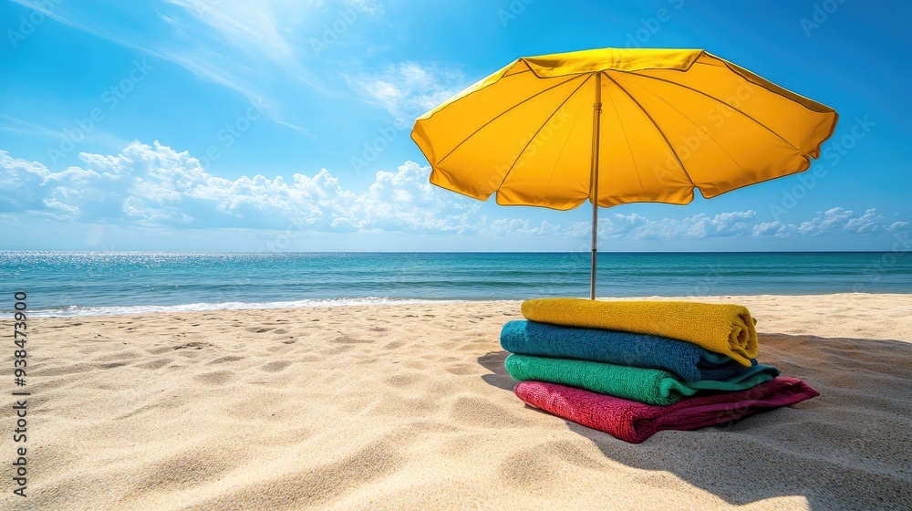 A beach umbrella casting shade on the sand, with colorful towels and a bright, sunny sky above. A beach umbrella casting shade on the sand, with colorful towels and a bright, sunny sky above.