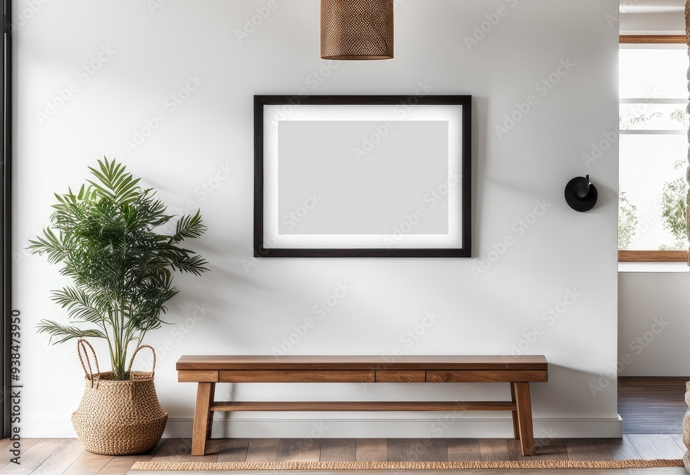 Wooden bench against white wall with poster frame. Ethnic farmhouse interior design of modern entrance hall Wooden bench against white wall with poster frame. Ethnic farmhouse interior design of modern entrance hall