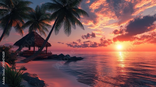 A beachside cabana shaded by palm trees, with the sunset creating a stunning backdrop of orange and pink.