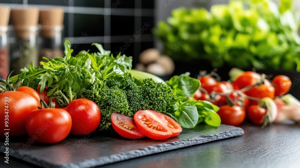 An arrangement of fresh vegetables including tomatoes, broccoli, and leafy greens on a black table, presenting an array of healthy options ready for cooking or salad preparation. An arrangement of fresh vegetables including tomatoes, broccoli, and leafy greens on a black table, presenting an array of healthy options ready for cooking or salad preparation.