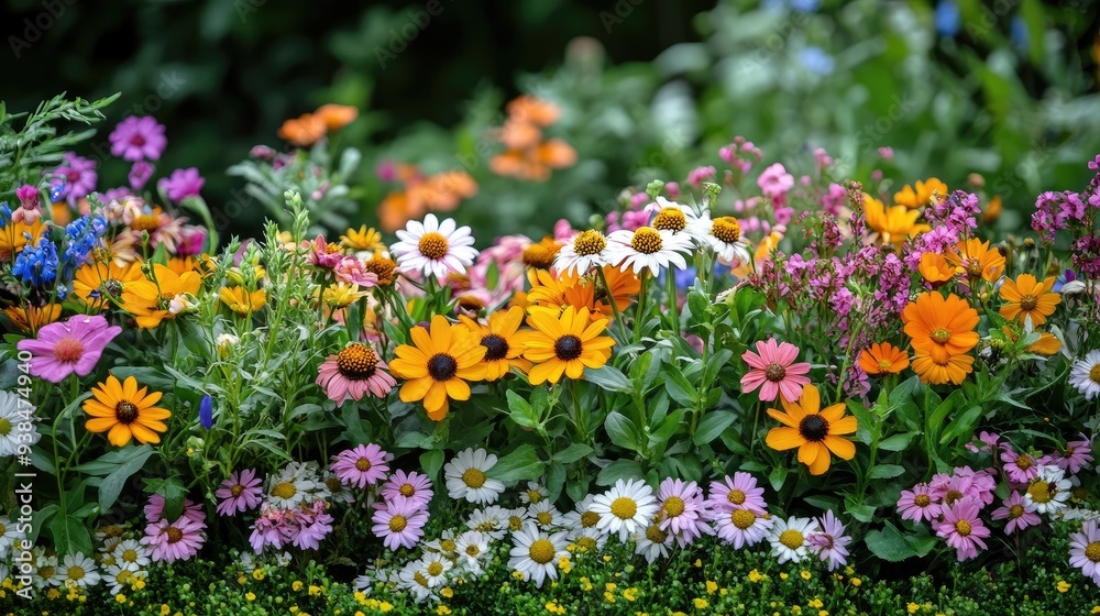 A beautifully arranged garden bed of mixed flowers, providing a lively background with space for text. A beautifully arranged garden bed of mixed flowers, providing a lively background with space for text.
