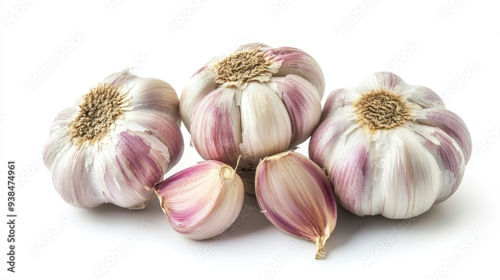 Obraz premium Close-up of four whole garlic bulbs isolated on a white background.