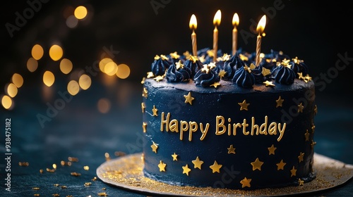 A birthday cake with gold foil decorations and 