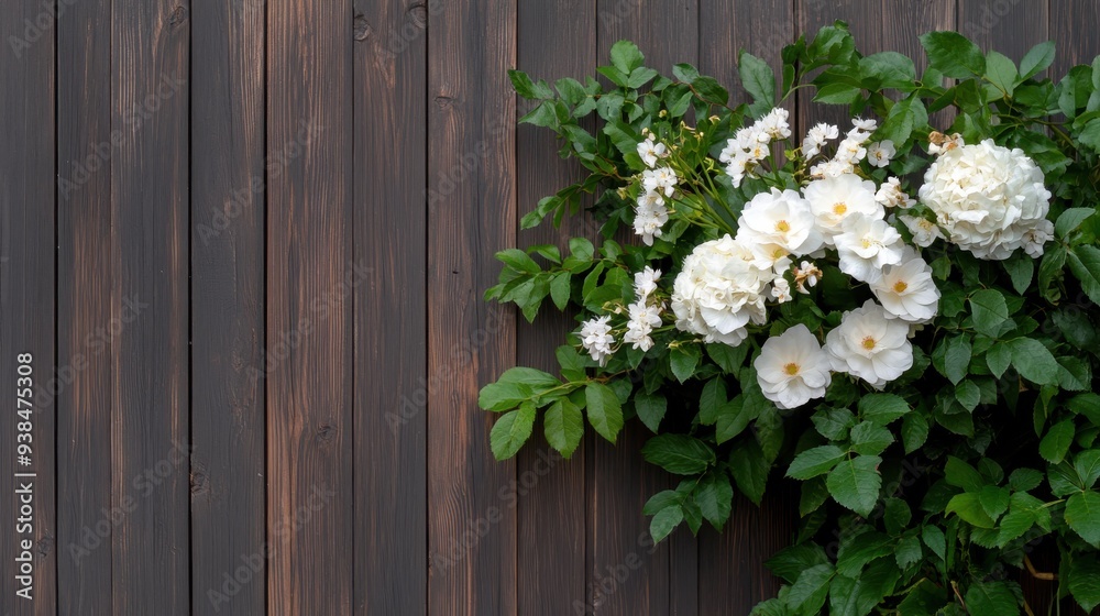 Fototapeta premium A detailed shot of white flowers in bloom against a rustic dark wooden fence, capturing the natural beauty and contrast between nature and crafted surfaces.