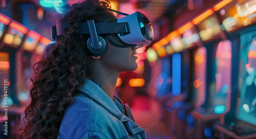 Woman Wearing VR Headset Looks Up in Awe at Immersive Experience Woman Wearing VR Headset Looks Up in Awe at Immersive Experience