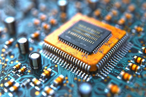 A detailed view of a microprocessor surrounded by colorful circuit elements on a circuit board.