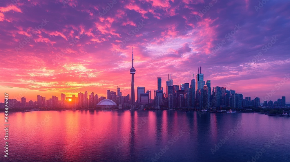 Fototapeta premium A dramatic sunrise over a city skyline, with the first light of day casting long shadows and the sky glowing in vibrant hues.
