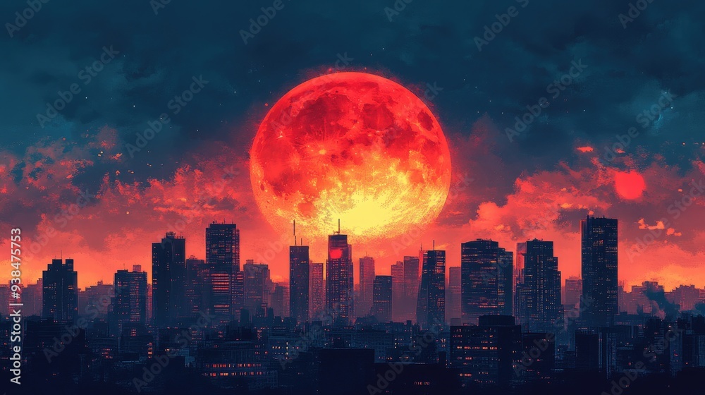 Fototapeta premium A dramatic view of a red moon rising behind a cityscape, with buildings silhouetted against the vibrant sky, perfect for city and moon-themed designs with space for text.