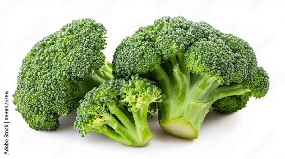 Three broccoli florets with stems on a white background. Three broccoli florets with stems on a white background.
