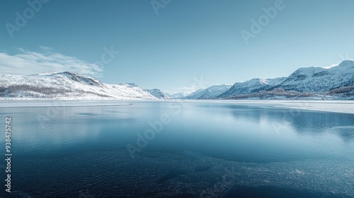 A dramatic view of a frozen lake surrounded by snow-capped mountains and a clear winter sky, ideal for capturing the essence of winter with space for text.