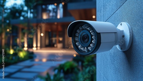 Close-up view of a modern home security camera monitoring vigilantly, showing details of advanced technology and vigilance around the area