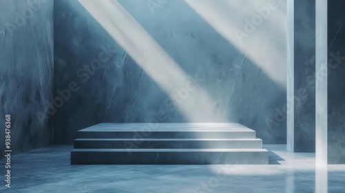Minimalist grey platform with three steps and sunlight on a blue textured wall.