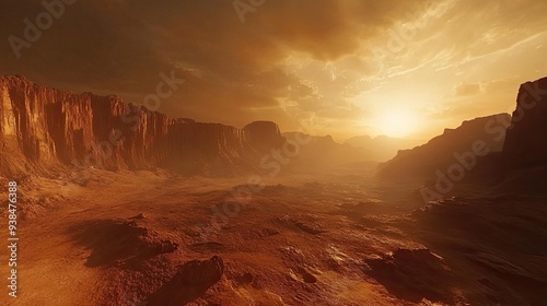 A dystopian view of a harsh, barren planet used as a prison, with dramatic lighting and rocky terrain. Plenty of room for text. photo