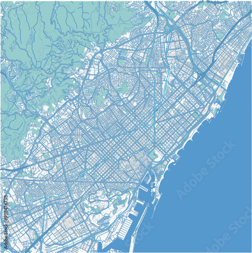 Map of Barcelona in Spain in blue. Contains layered vector with roads water, parks, etc.