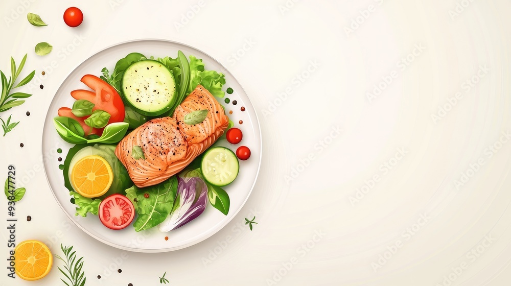 A clean vector of a balanced meal with lean proteins and vegetables, on a plain background with ample space for text. A clean vector of a balanced meal with lean proteins and vegetables, on a plain background with ample space for text.