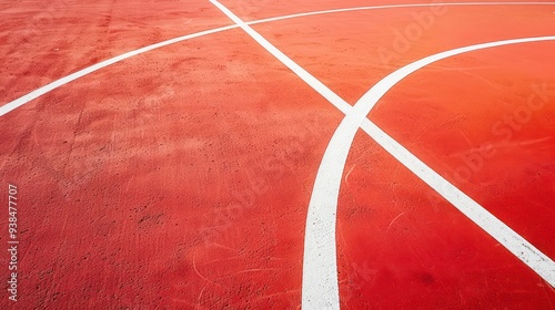 Close up of the center of a basketball court with white lines painted on the orange surface.