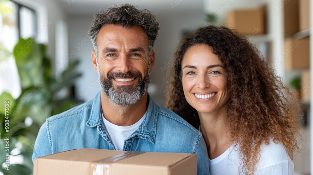A joyful couple, holding a box together, stands in a bright, modern room, radiating happiness and togetherness, conveying warmth and a sense of new beginnings. A joyful couple, holding a box together, stands in a bright, modern room, radiating happiness and togetherness, conveying warmth and a sense of new beginnings.