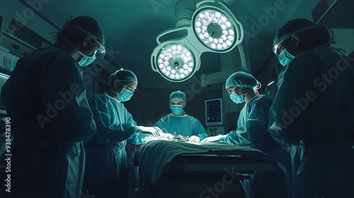 Medical Team Performing Surgical Operation in Modern Operating Room. Medical professionals working together in a hospital setting, including a doctor, nurse, and patient.