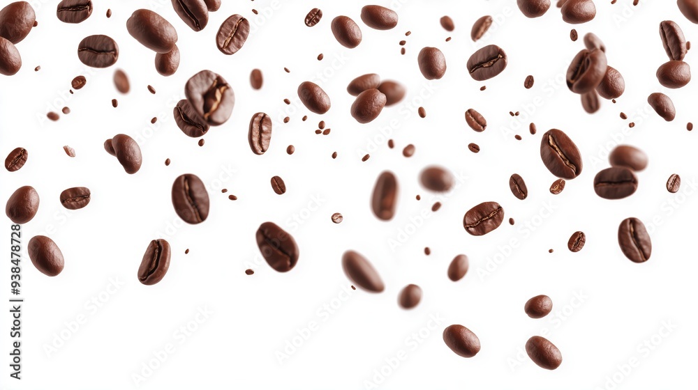 Coffee beans falling in mid-air against white background. Coffee beans falling in mid-air against white background.