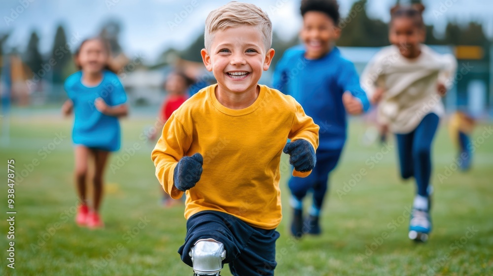 Obraz premium A cheerful boy wearing a yellow shirt runs towards the camera, with a big smile on his face, while other children chase him, capturing the joy and carefree spirit of childhood.