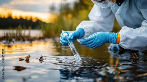 A researcher dressed in protective gear uses a syringe to draw water samples from a lake, highlighting field research, data collection, and environmental monitoring. photo