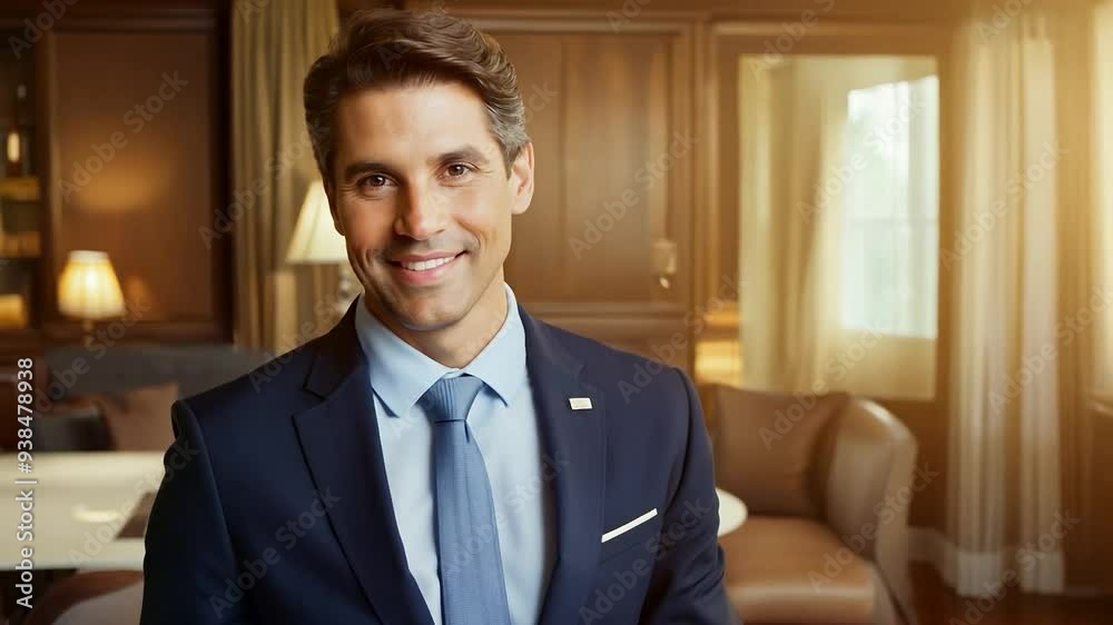 Hotel manager smiling in luxury hotel lobby Hotel manager smiling in luxury hotel lobby