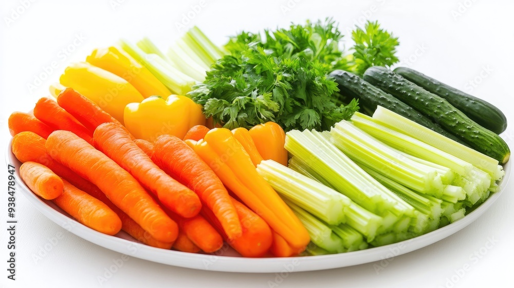 A fresh vegetable platter with carrots, celery, and bell peppers on a white background, with space for promotional content. A fresh vegetable platter with carrots, celery, and bell peppers on a white background, with space for promotional content.