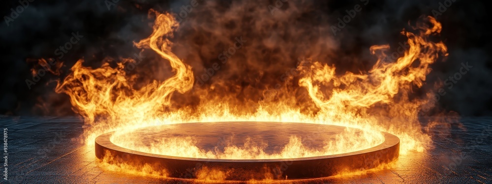 Fire podium background flame hot stage platform show black light. Fire ...
