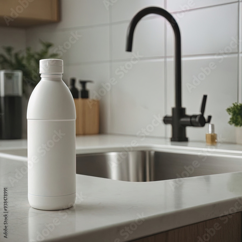 White bottle mockup on kitchen counter with sink and faucet.