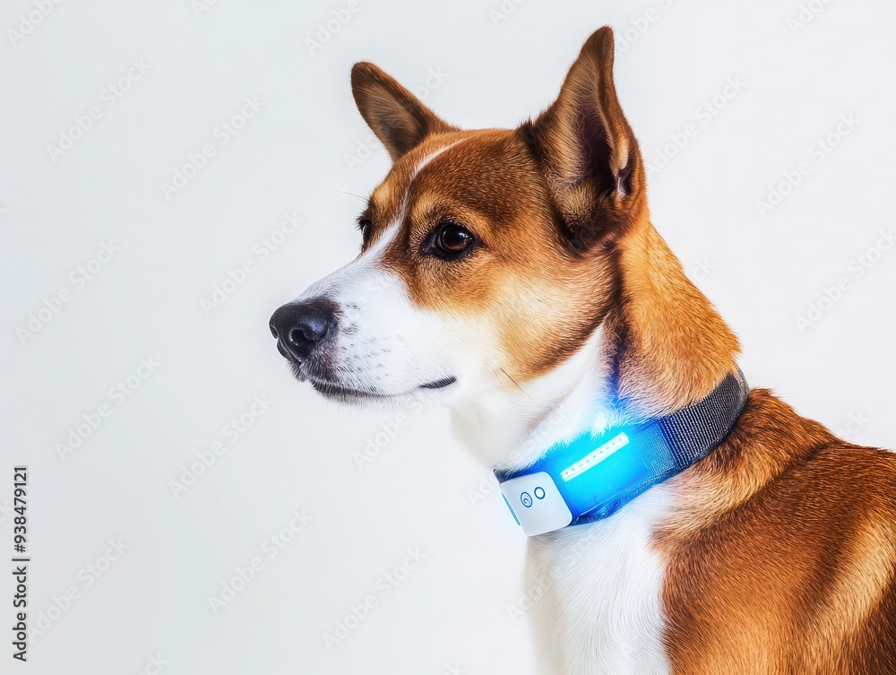GPS tracking collar on dog’s neck. Portrait of young dog with glowing collar to track location. Tracking app, beacon, animal protection, pet care, dog and cat gadgets. Isolated on white background. GPS tracking collar on dog’s neck. Portrait of young dog with glowing collar to track location. Tracking app, beacon, animal protection, pet care, dog and cat gadgets. Isolated on white background.