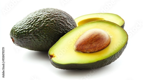 A perfectly ripe avocado sliced in half on a clean white background, leaving plenty of space for text or logos.