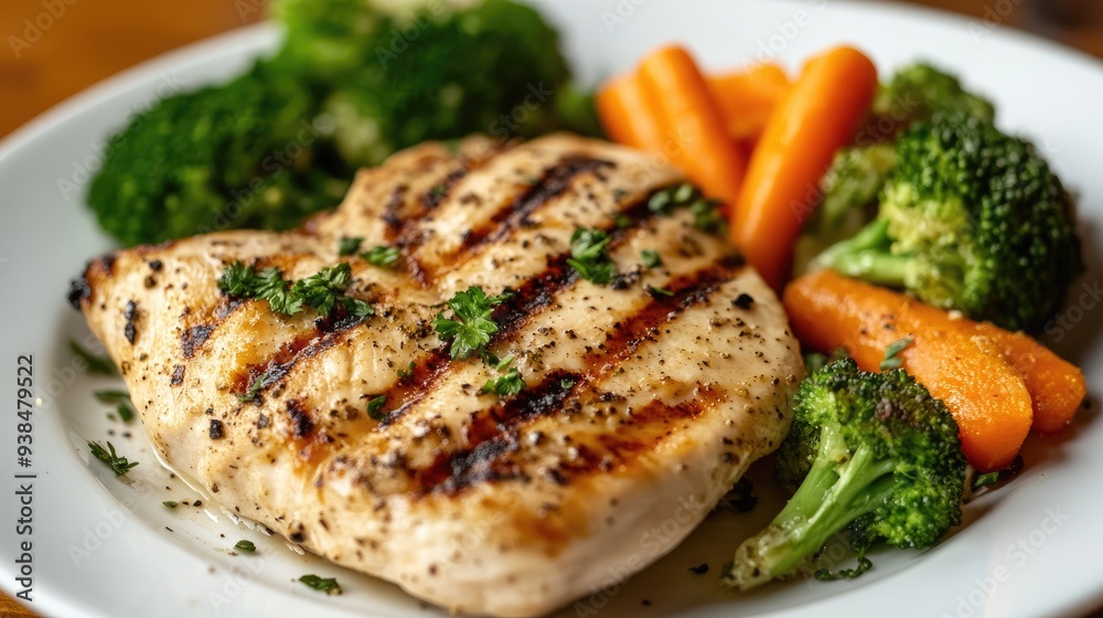 A plate of grilled chicken with a side of steamed broccoli and carrots, with space for promotional content. A plate of grilled chicken with a side of steamed broccoli and carrots, with space for promotional content.