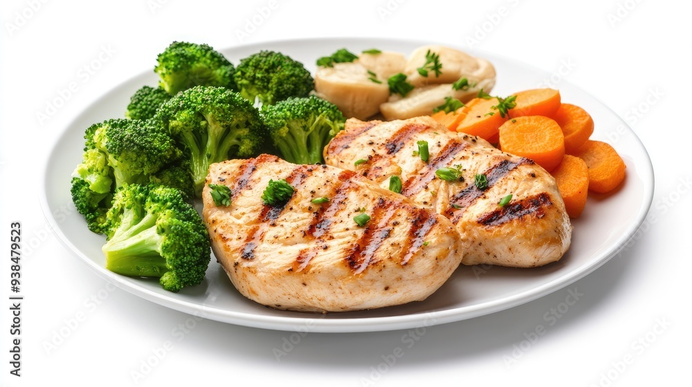 A plate of grilled chicken with steamed broccoli and carrots on a white background, with space for promotional content. A plate of grilled chicken with steamed broccoli and carrots on a white background, with space for promotional content.