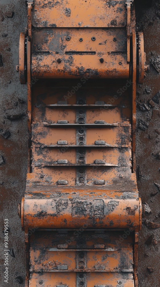 A detailed view of the tracks of a pipelayer, highlighting the rugged design and engineering, with a minimalist background A detailed view of the tracks of a pipelayer, highlighting the rugged design and engineering, with a minimalist background