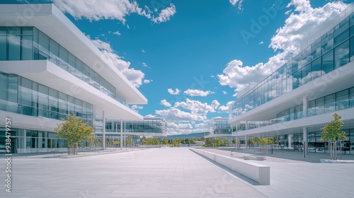 Modern Glass Office Building Plaza with Blue Sky and Clouds photo